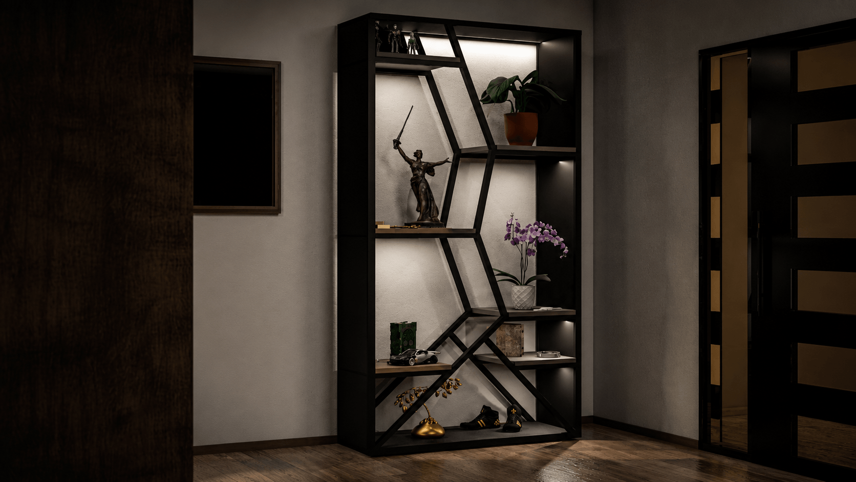 WG-S01 Nexus metal shelving plans with a geometric steel frame